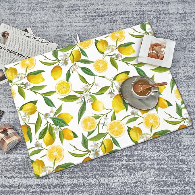 Lemon Dish Drying Mat for Kitchen Counter, Spring Summer Lemon Floral Drying Mat, Reversible Water Control Mat, Kitchen Countertop Absorbent Mat, Dish Draining Mat 18"x24"