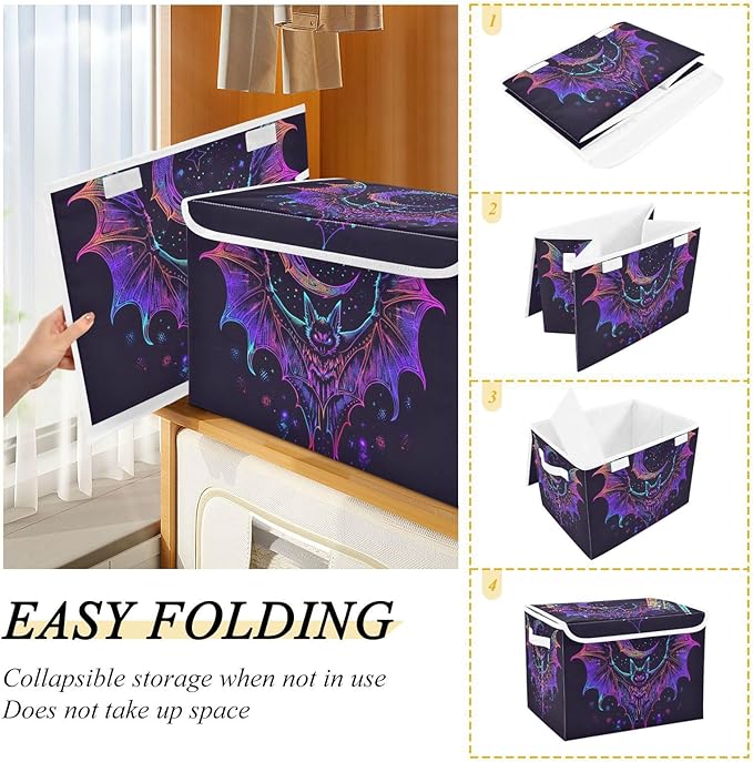 senya Halloween Baskets Collapsible Storage Bins with Lids, Neon Bat Crescent Storage Boxes Clothes Baskets for Organizing, B06D22020