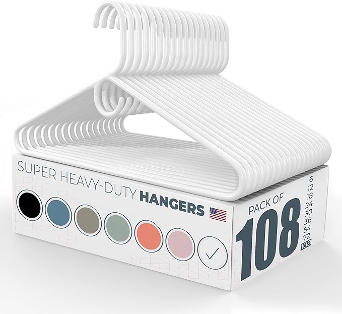 Neaties Super Heavy Duty Clothes Hangers 100 Pack (108 Count) – Made in The USA - 10lb Capacity, Thick Plastic Hangers for Pants, Coats, Jackets, Jeans and Adult Clothing – White