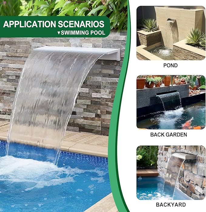 Waterfall Pool Fountain, LONGRUNNEW Stainless Steel Waterfall Spillway with Pipe Connector Kits for Outdoor/Indoor Decorative, 35.4 Inches Pool Water Feature for Garden Patio, Backyard Koi Pond Decor
