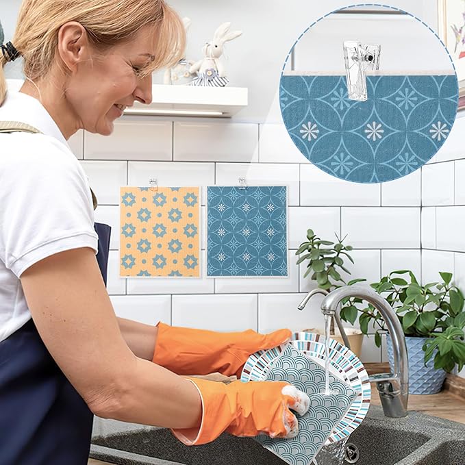 Needbrock 6 Pack Swedish Dishcloths for Kitchen, Geometric Pattern Swedish Rags Dish Towels with Clips, Reusable Paper Towels Washable Absorbent for Cleaning Home Kitchen Valentines Gifts for Women