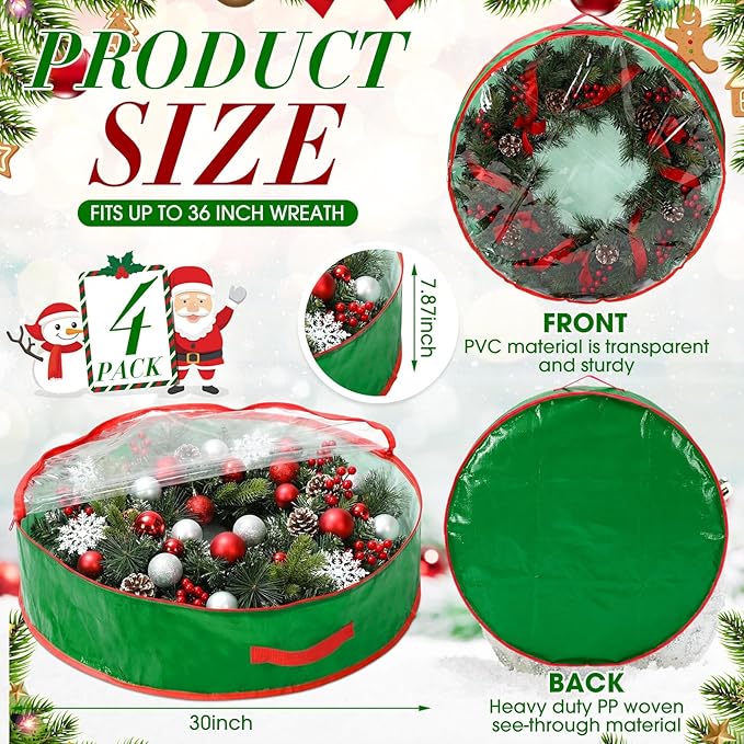 Aliceset 4 Pack Wreath Storage Containers, Christmas Ornament Garland Wreath Storage Bags with Handle Dual Zipper Large Decorative Storages Box for Winter Wreaths(30 x 30 x 7.8 Inch,Light Green)