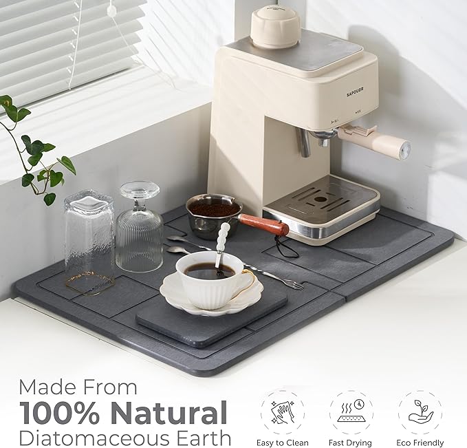 Large Stone Dish Drying Mat for Kitchen Counter, 2PCS Quick Dry Stone Dishes Mats, Detachable Water Absorbing Diatomaceous Earth Drying Pad for Bottles Dish Cups(Dark Gray 24"×16" & 8"x5")