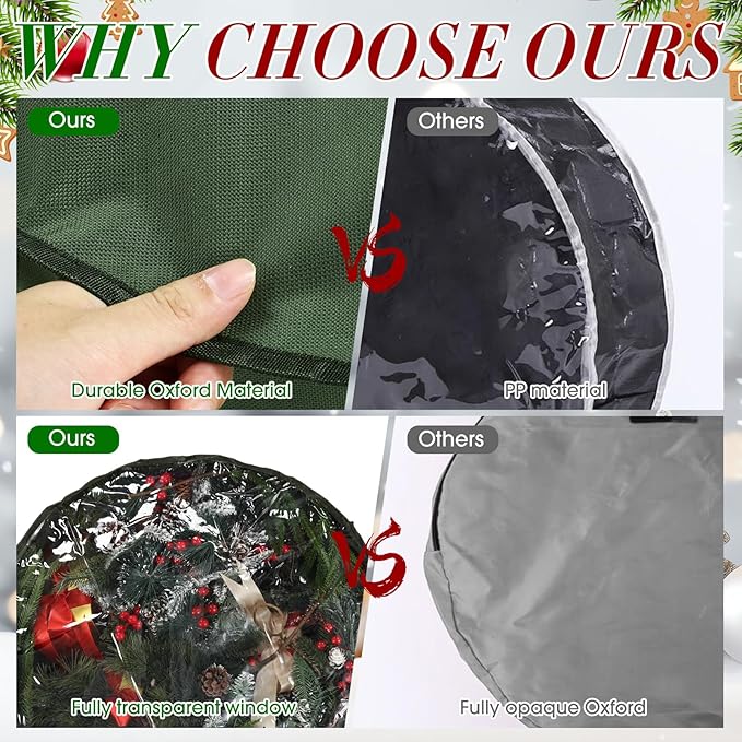 4 Pack Wreath Storage Container, 36 Inch Christmas Wreath Storage Box with Clear Window and Handles Upgrade Oxford Cloth Garland Bags with Dual Zipper for Xmas Wrapping, Green