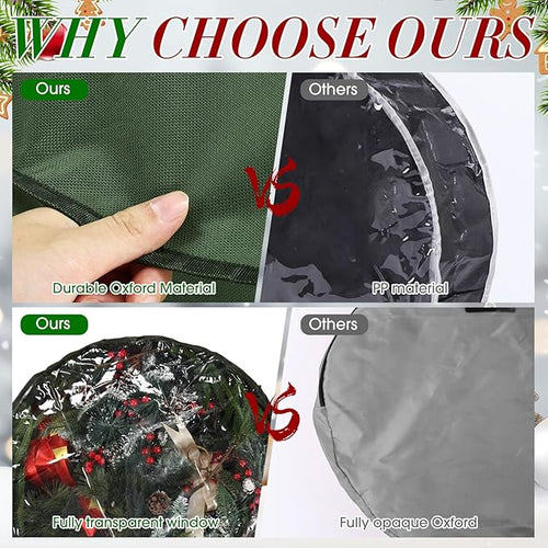 4 Pack Wreath Storage Container, 36 Inch Christmas Wreath Storage Box with Clear Window and Handles Upgrade Oxford Cloth Garland Bags with Dual Zipper for Xmas Wrapping, Green
