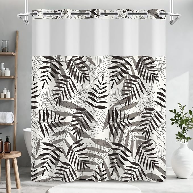 TQUQOBU No Hook Tropical Brown Beige Leaves Shower Curtain and Liner Set, Minimalist Boho Vintage Botanical Hotel Style Waterproof Fabric Shower Curtain with See Through Top Window, 71x74 Inch