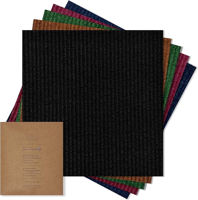 SIMPLYCASA Hand‑Dyed 5‑Pack Swedish Dishcloths – Reusable, Biodegradable Cloths, Super‑Absorbent Dual‑Texture, Plastic‑Free Packaging, Made in Sweden