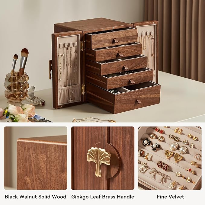 Wooden Jewelry Box 5 Layer Black Walnut Large Jewelry Organizer with Brass Handle for Necklaces Rings Earrings Watches Storage, Valentines Day Gifts for Her(7.9x8.7x10.0inches)