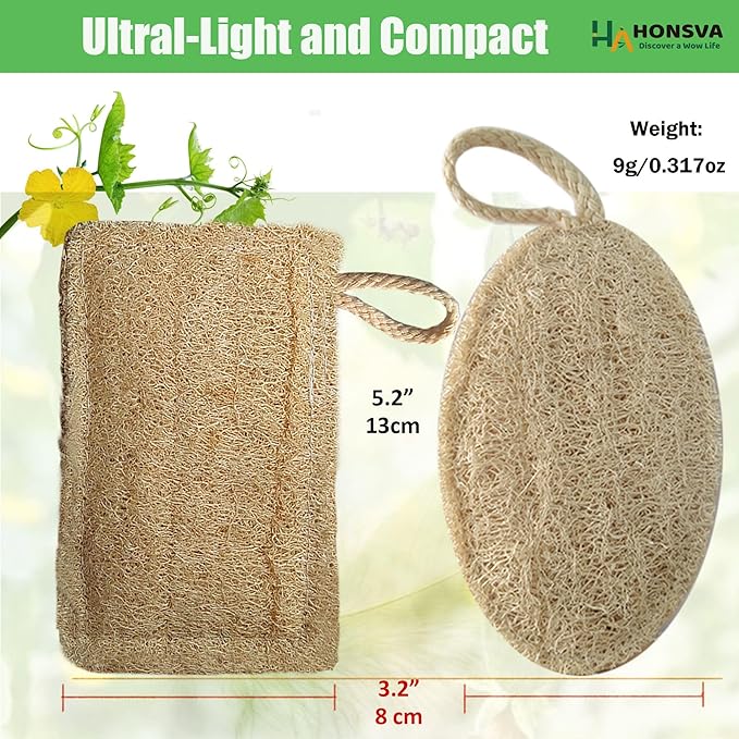 HONSVA Loofah Natural Kitchen Sponge (5 Pcs), No Scratch Scrubber for Dish Cleaning, 100% Plant Based Vegetable Scrubber, Zero Waste and Eco Friendly Sponge for Kitchen (3 Pcs Oval+2 Pcs Rectangular)