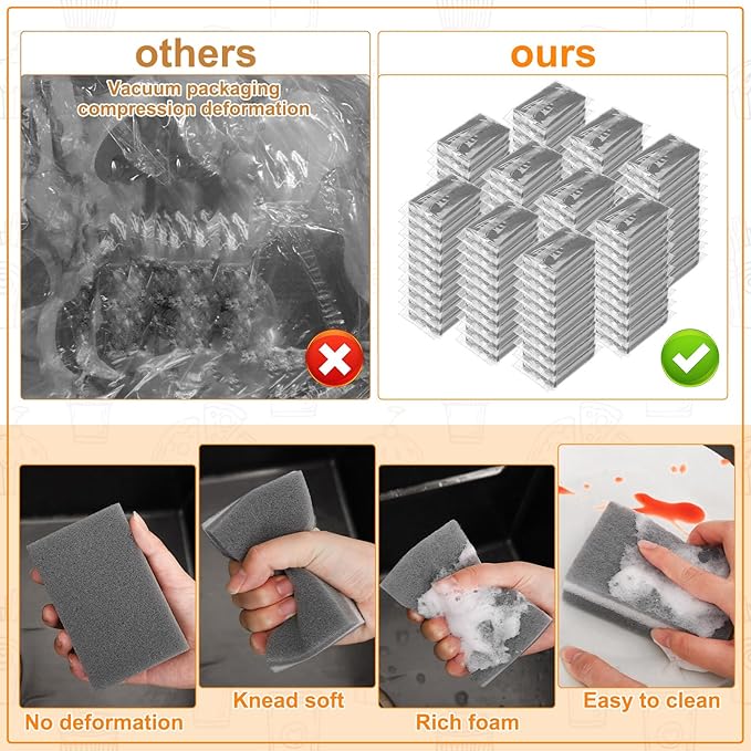 Ovveroche 200 Pcs Individually Wrapped Sponges, Uncompressed Non Scratch Scrouing Sponges for Household Cleaning Dishes Kitchen Airbnb Apartment Car Bike Gray