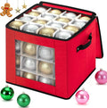 Christmas Visible Ornament Storage Box with Adjustable Dividers,Christmas Ornaments Organizer with Zipper, Storage Container Bin for Decorations(64 Ball, Red, without Tray)
