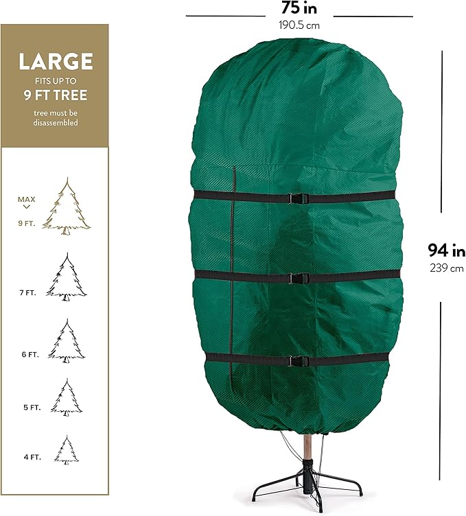 ZOBER Upright Christmas Tree Storage Bag With Drawstring Hem- Fits 9 Ft Trees - Oxford Waterproof Fabric Christmas Tree Bag For Storage Box For Xmas - Strong, Durable Straps & Handles - Green