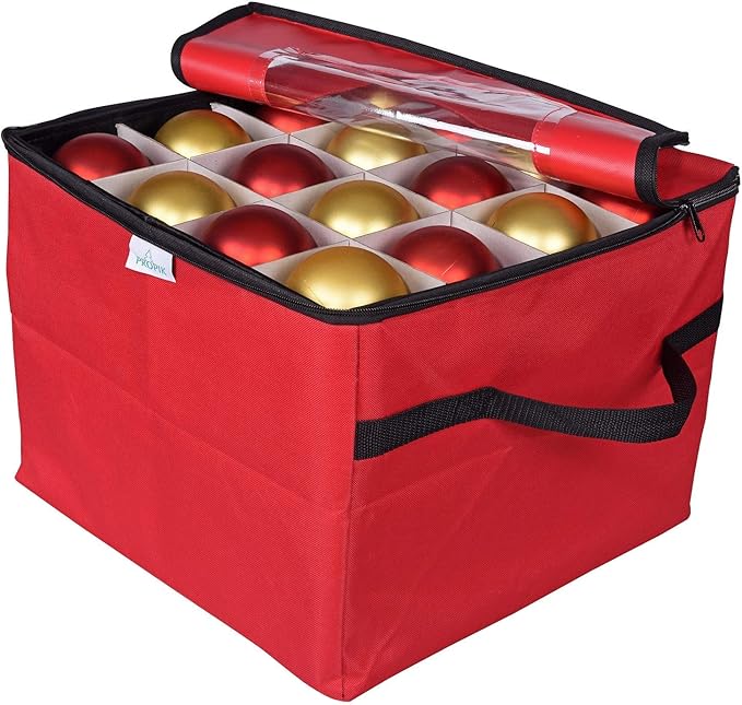 ProPik Christmas Ornament Storage Box, Organizer Holds Up to 48 Xmas Balls with 3 Separate Removable Trays, Container has Dividers to Organize Holiday Tree Ornaments (Red)