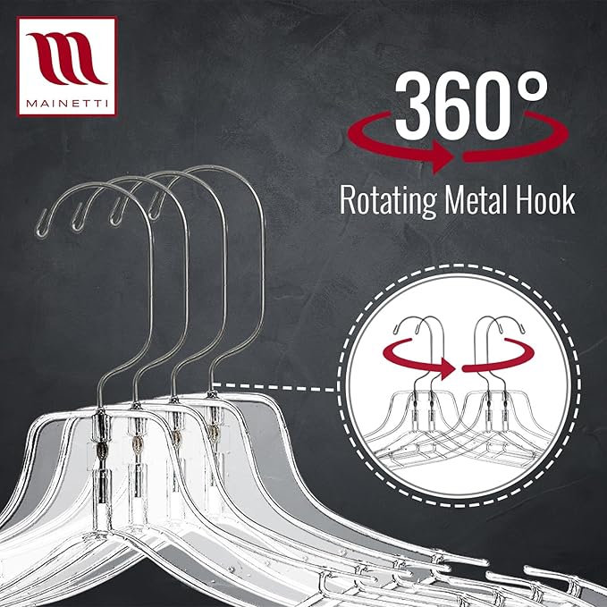 Mainetti Clear Plastic Clothes Hangers 50 Pack | 17-Inch Space Saving Hangers with 360 Swivel Metal Hook & Notches for Straps | Closet Hangers Ideal for Shirts, Tops, Dresses and Jackets (5400SCR50)