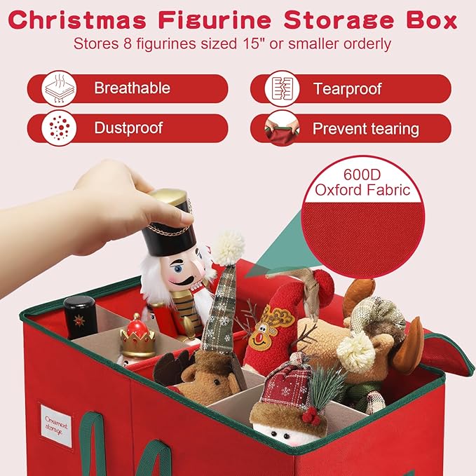 Christmas Nutcrackers Storage Box Stores 8 Figurines and Nutcrackers Sized 15 Inches, Holiday Nutcrackers Organizer with Adjustable Dividers, Extra Pockets, 600D Oxford Fabirc, Durable Handle