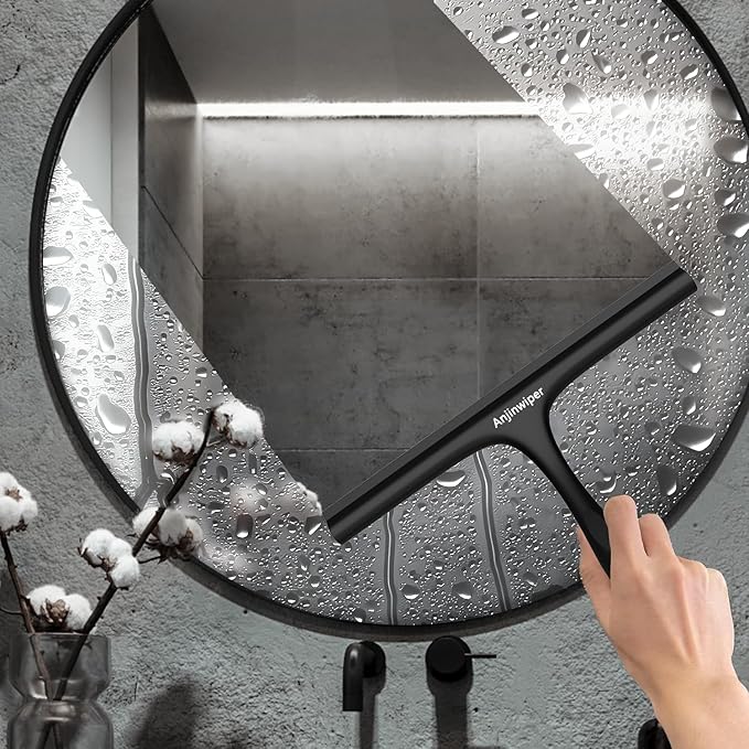 Anjinwiper Shower Squeegee for Glass Doors with Adhesive Hook, Window Squeegee for Shower Glass, Cleaning Tile Wall, Bathroom Cleaner Tool Household Silicone Squeegee(10 inch-Black)