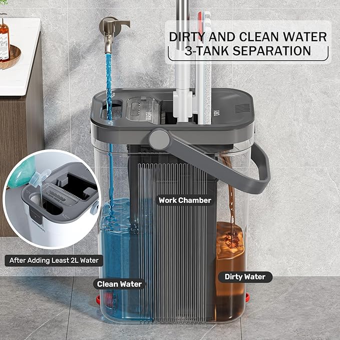 HoMettler Mop and Bucket Set, Flat Mop and Bucket System with Separate Dirty and Clean Water, 3-Compartment Wall Cleaner Mop, Flat Mops for Floor Cleaning with 4 Microfiber Pads