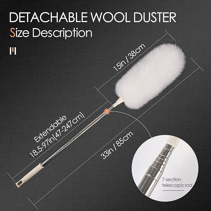 FeelfunFeather Extendable Lambswool Duster 29-110 Inch,Anti-Static Flexible Head, Stainless Steel Pole for Cleaning High Ceiling,Fan,Furniture,Roof Dusting