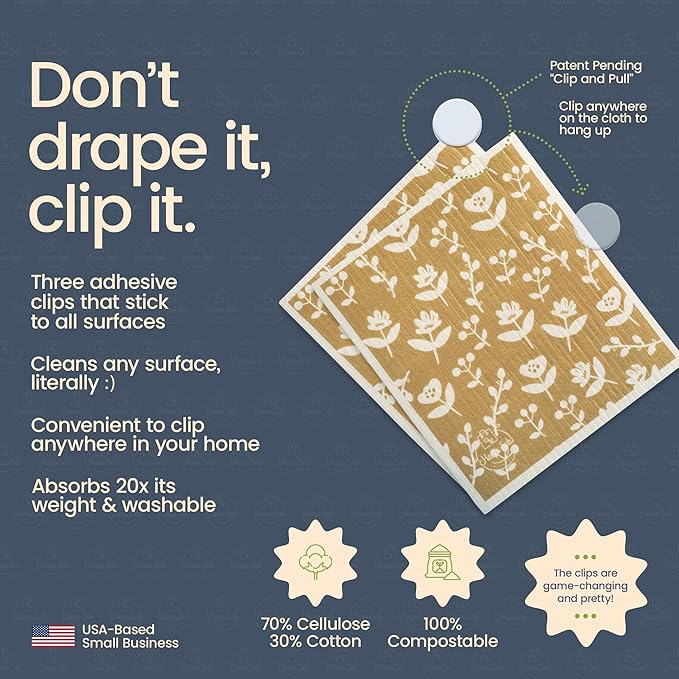 Harps&Seb Swedish Dishcloths for Kitchen Dishcloths - 6 Pack, Reusable Paper Towels with Clips, Super Absorbent Washable Non-Scratch Swedish Dish Towels, No Odor, Biodegradable