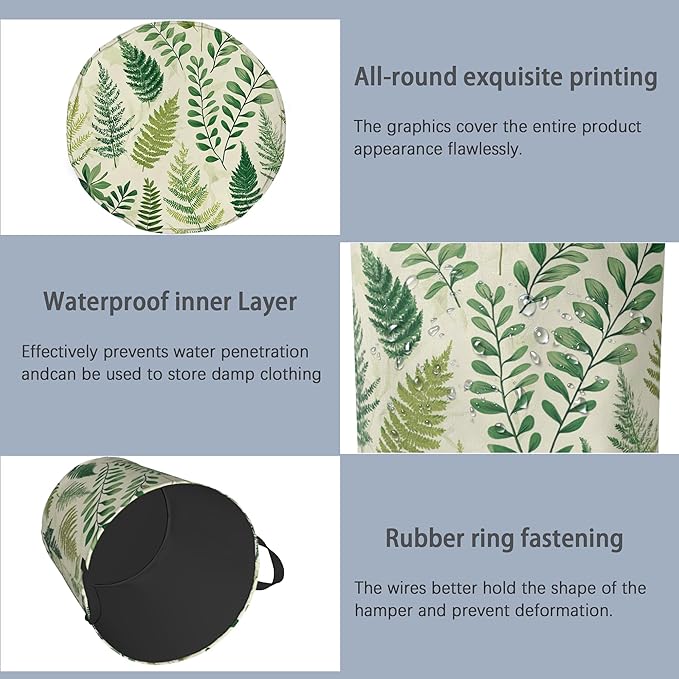 Fern Herbs Laundry Hamper,Botanical Floral Leaf Dirty Clothes Laundry Basket with Handles Waterproof Oxford Cloth Storage Basket for College Dorms Bathroom Bedroom 16" x 20.8"