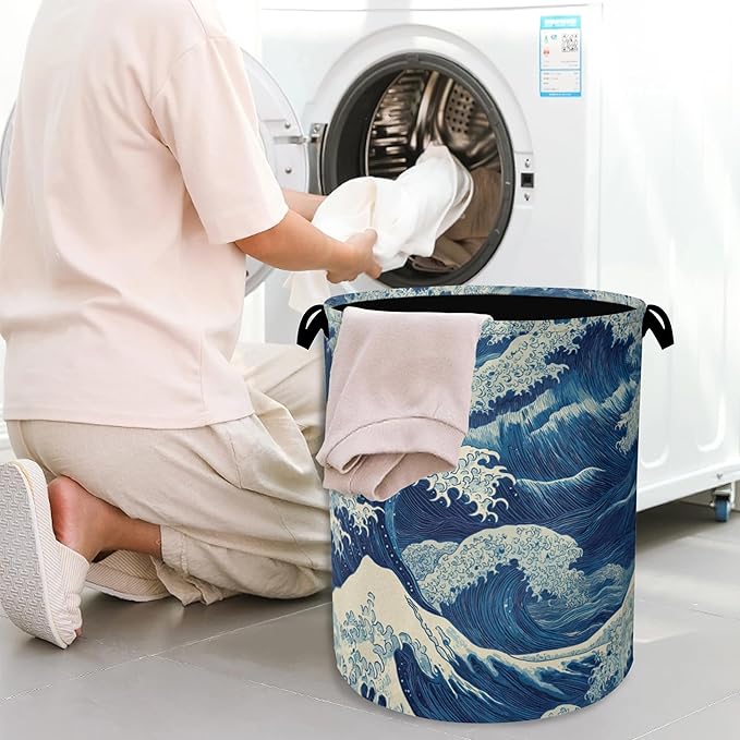 Ocean Wave Laundry Basket,Japanese Foldable Oxford Cloth Tote Bag Laundry Hamper Clothes Storage Bucket Organizer for Bedroom Laundry Storage Dormitories 16" x 20.8"