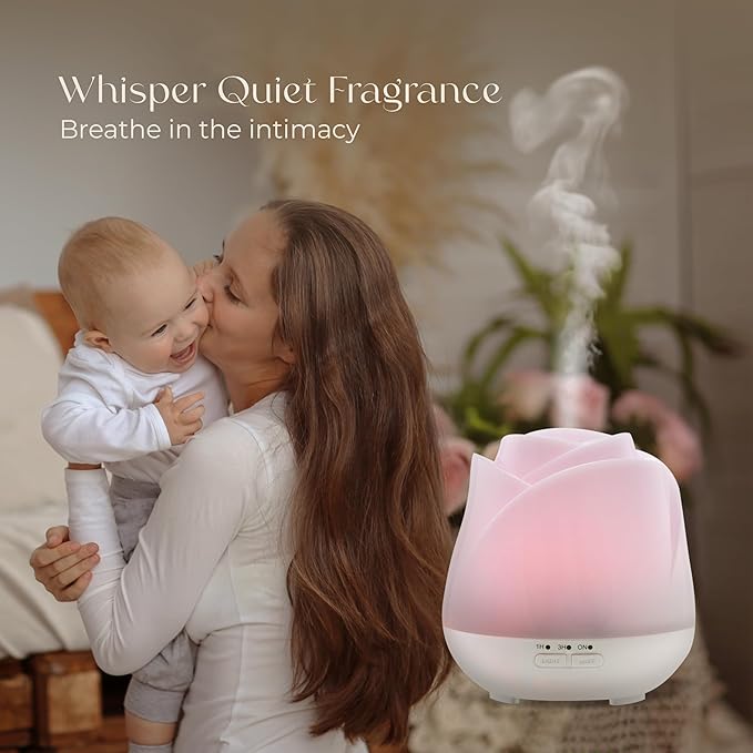 Earnest Living Rose Essential Oil Diffuser 150ml – Mini Ultrasonic Aromatherapy Humidifier for Bedroom & Desk, Quiet Mist, USB Powered, 7-Color Night Light, BPA for Women – Solid White
