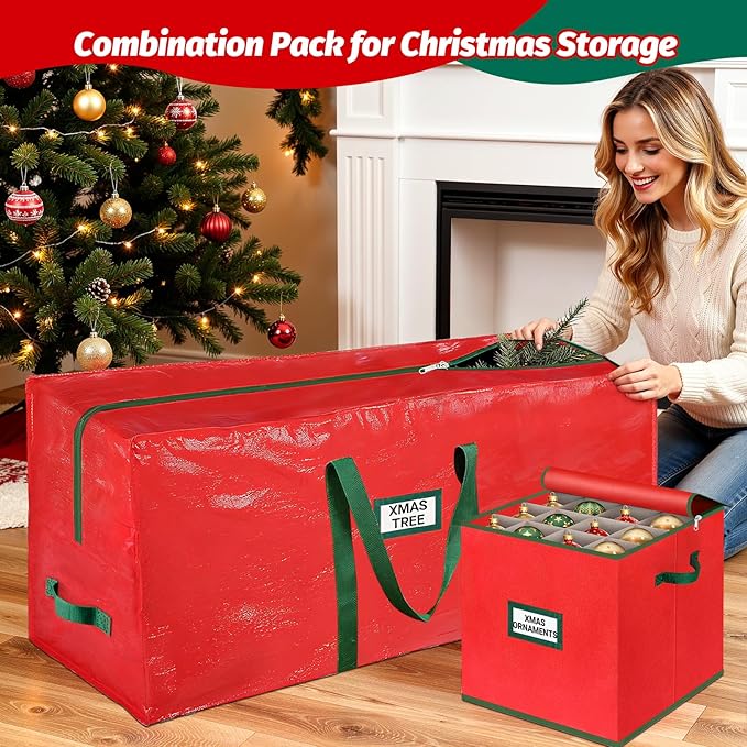 StorageRight Christmas Tree Bag & Ornament Storage Box Set, Water-Resistant 7.5 Ft Tree Storage & 64-Compartment Organizer with Dividers, Tag Pockets & Handles, Heavy-Duty Xmas Decor Containers, Red