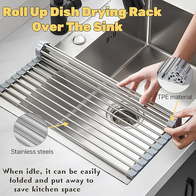 Sayehuanye Roll Up Dish Drying Rack, 21.3" x 15.8" Over The Sink Dish Drying Rack, Kitchen Dish Rack Foldable Dish Drainer, Stainless Steel Dish Drying Rack for Kitchen Sink Counter Storage (Grey)
