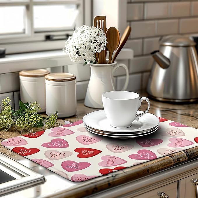 Wnoesat Valentine Love Heart Dish Drying Mat for Kitchen Counter 18x24 Inch Valentines Day Dish Mats Absorbent Microfiber Dish Draining Mat Reversible Dish Drying Rack Mat with Hanging Loop