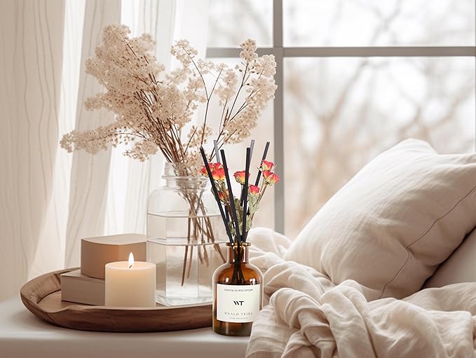 WEALD TRIBE Reed Diffuser Set for Bathroom Air Fresheners, Oil Diffuser Sticks | Sandalwood Rose Scent 5.1 fl oz Home Fragrance with Sticks Defusers | House Bedroom Office Shelf Decor