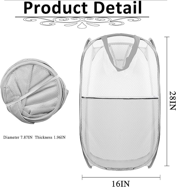 Buyongwant Collapsible Pop Up Laundry Hamper, Extra Large Mesh Foldable Laundry Basket, 28" x 16" x 16" (Grey)