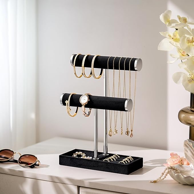 bussdis 2 Tier Bracelet Holder Display - Detachable T Bar Black and Silver Velvet Bracelet Holder, Jewelry Holder Organizer for Bracelet, Necklace, Earrings, Rings