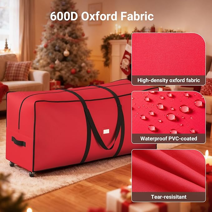 ELYKEN 7.5FT Christmas Tree Storage Bag with Wheels, Rolling Storage Bag for Artificial Christmas Tree and Decorations, Heavy Duty 600D Oxford Fabric, Length-Adjustable Handles, Dual Zippers, Red