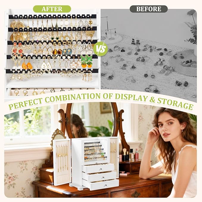 Jewelry Box Organizer, Rustic Wooden Jewelry Boxes for Women Girls, Large Storage Earring Holder Organizer Display for Earrings Necklaces Rings Bracelets, Jewelry Case as Gifts for Her