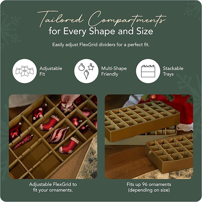 Covermates Keepsakes Adjustable Ornament Storage Box – Heavy-Duty Polyester, Padded Dividers & FlexGrid Trays – Protective Holiday Organizer with Stackable Walls & Label Window, Green Snowflake