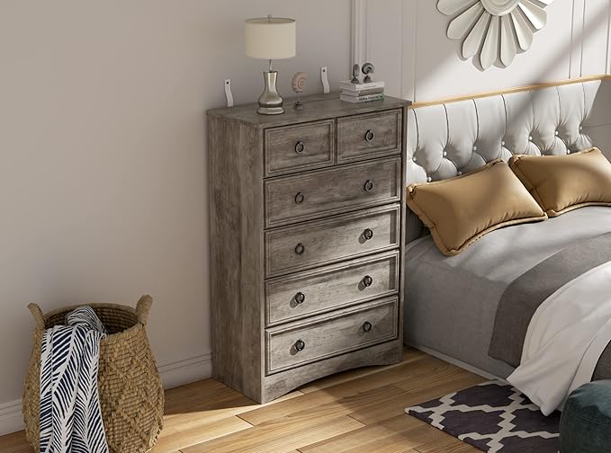 LGHM Modern Dressers for Bedroom with 6 Drawers, 6 Drawer Dresser, 44.33" Tall Chest of Drawers Closet Organizers & Storage Clothes - Easy Pull Handle, Textured Borders for Living Room, Hallway, Gray