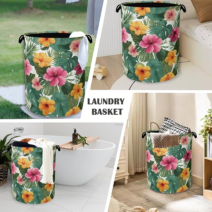 Hibiscus Laundry Basket,Palm Leaves Foldable Oxford Cloth Tote Bag Laundry Hamper Clothes Storage Bucket Organizer for Bedroom Laundry Storage Dormitories 16" x 20.8"