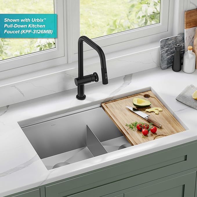 KRAUS Kore 33-Inch Undermount Workstation 16 Gauge Double Bowl Stainless Steel Kitchen Sink with Accessories, KWU112-33