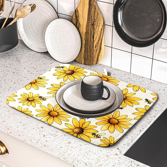 ABSOP Spring Summer Sunflower Bee Dish Drying Mat of Kitchen Counter 18×24 Inch Floral Drainer Pad Flower Dish Rack Pad Drainer Mat Washable Absorbent Reversible Microfiber for Coffee Bar
