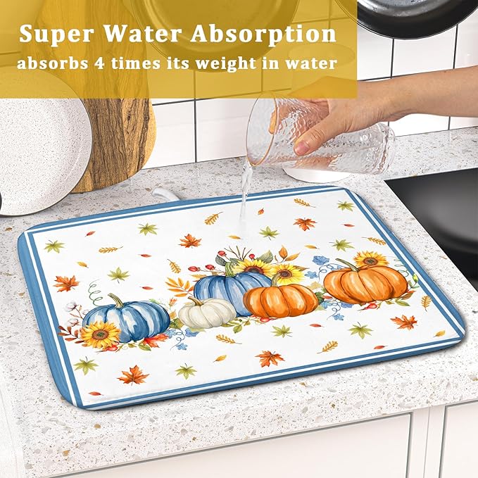 Fall Pumpkin Dish Drying Mat for Kitchen Counter 16×18 Inch Blue Dishes Pad Washable Thanksgiving Dish Rack Pad Drainer Mat Autumn Absorbent Reversible Microfiber Dish Drying Pad for Coffee Bar