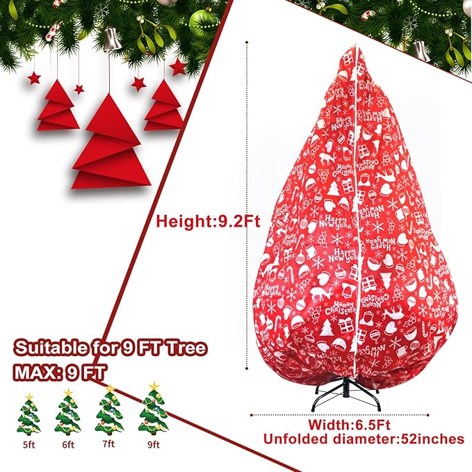 Upright Christmas Tree Storage Bag,Fits Up to 9 ft Tall Artificial Tree,Large Holiday Xmas Tree Cover Upright Tree Dustproof Bag with Zipper & Drawstring(Red)