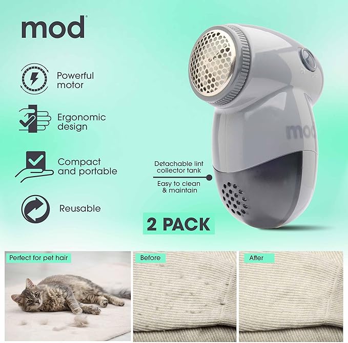 MOD 2 Pack Portable Fabric Shaver and Lint Remover, Reusable Pet Hair Remover, Roller for Clothes, Sweater Shaver, Couch, Blankets with Detachable Lint Collector Tank, Battery Operated, White/Gray