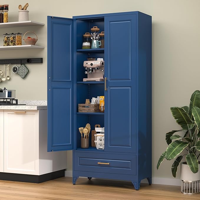 75” Kitchen Pantry Storage Cabinet,Metal Tall Storage Cabinet with Drawers and Adjustable Shelves,Modern Kitchen Hutch Cabinet,Freestanding Cupboard for Living Room,Blue