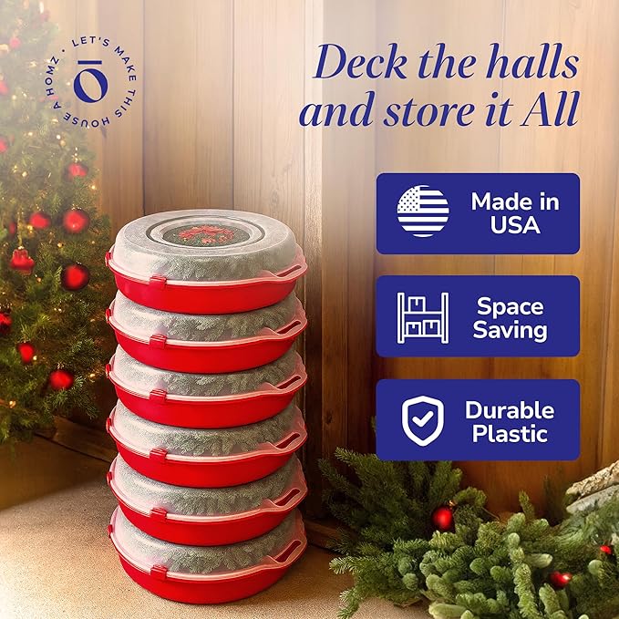 HOMZ 6-Pack Seasonal Holiday, Decorative Wreath Storage Organizer, 24 Inch, Red & Clear - Stackable Plastic Containers for Christmas Ornament Decorations