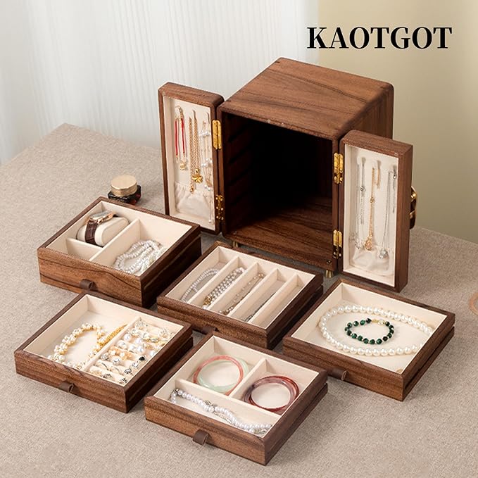 Wooden Jewelry Box for Women Jewelry Box With Drawers Walnut Wood (Walnut Wood with printing A)