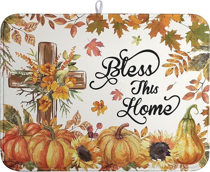 Wnoesat Fall Drying Mat for Kitchen Counter Autumn Thanksgiving Pumpkin Cross Dish Mat Sunflower Maple Leaf Absorbent Microfiber Dish Draining Mat Reusable Dishes Pad Extra Large 18"x24"