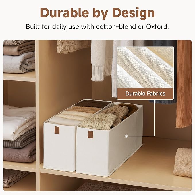 StorageWorks Thin Narrow Baskets for Storage, Small Storage Bins, Fabric Storage Bins with PU Handle, Ideal for Slim Shelves, Clothes, and Toys, Beige, 2-Pack