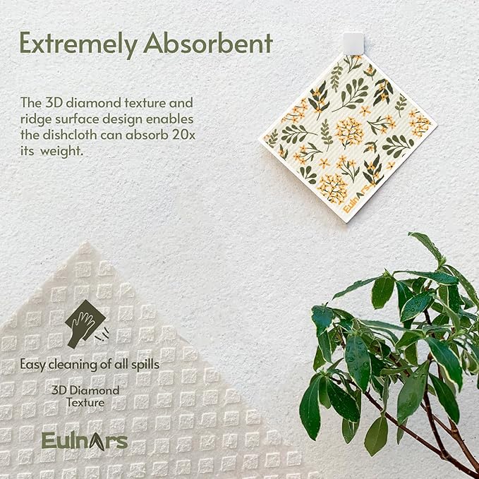 Eulnars Reusable Paper Towels, Swedish Dishcloths for Kitchen 8-Pack, Non-Scratch Swedish Dish Towels, Super Absorbent Cellulose Dish Cloths, Eco Friendly Gifts