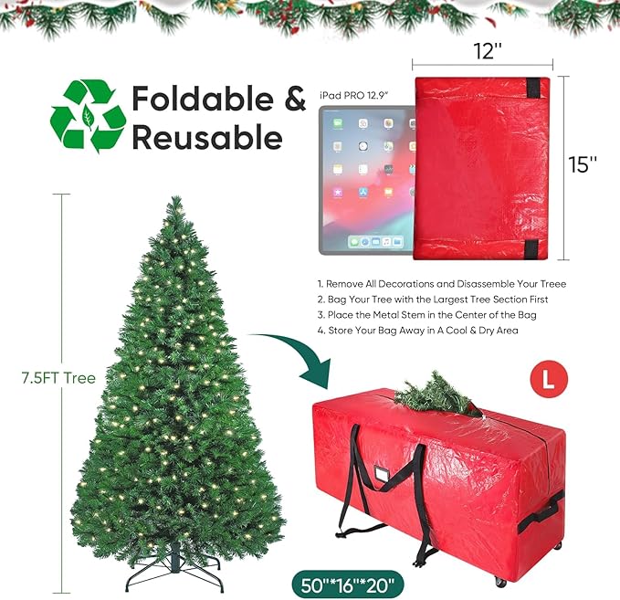 BALEINE 7.5 ft Rolling Christmas Tree Storage Bag, 2 Swivel Wheels for Easy Moving, Heavy Duty Extra Large Artificial Christmas Tree Bag with Reinforced Carry Handles and Fixed Buckle (Green)