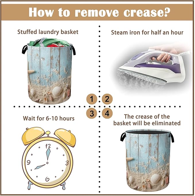 Large Laundry Basket,Beach Seashell Starfish Collapsible Laundry Baskets,Blue Wooden Waterproof Oxford Hamper with Handles for Bathroom Bedroom Nursery Home Storage 16"x20"